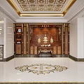 Luxurious Hotel Lobby Interior With Ornate Ceiling Wooden Backdrop And Marble Floor Inlaid Pattern