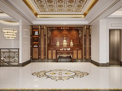 Luxurious Hotel Lobby Interior With Ornate Ceiling Wooden Backdrop And Marble Floor Inlaid Pattern 3d model