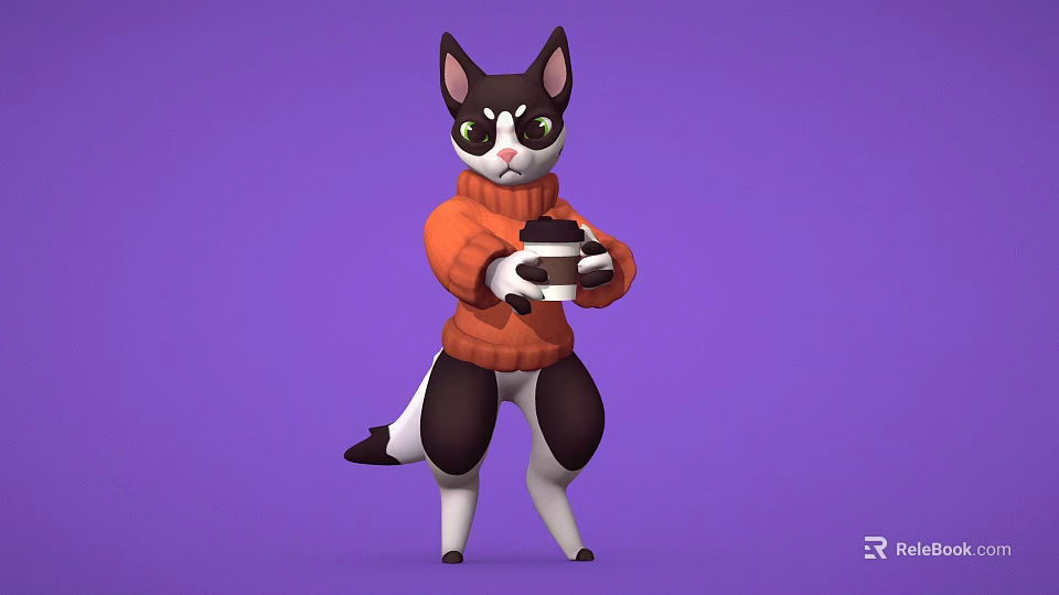 3D Game and Movie Cat Character Wearing Orange Sweater Holding Cup Against Purple Background 3d model 