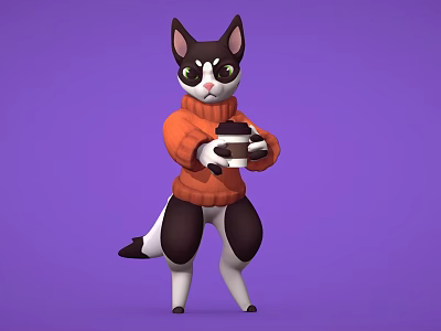 3D Game and Movie Cat Character Wearing Orange Sweater Holding Cup Against Purple Background 3d model