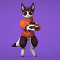 3D Game and Movie Cat Character Wearing Orange Sweater Holding Cup Against Purple Background