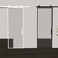 Modern Sliding Barn Door With White Black Frame Glass Panel And Indoor Plant