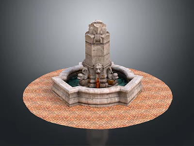 Stone Multi Tiered Garden Ornament Fountain With Carved Base And Brick Paved Surround 3d model