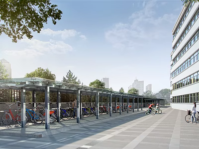 Outdoor Urban Bike Shelter With Parked Bicycles Near Modern Building Sidewalk 3d model