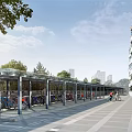 Outdoor Urban Bike Shelter With Parked Bicycles Near Modern Building Sidewalk