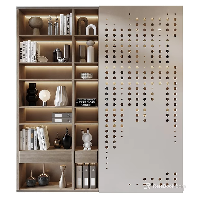 Elegant Modern Interior With Stylish Bookshelf Decorative Items And Perforated Partition 3d model 