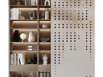 Elegant Modern Interior With Stylish Bookshelf Decorative Items And Perforated Partition 3d model