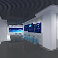 Modern Technology Exhibition Hall With Glass Display Cases And Blue Digital Screens