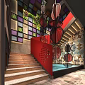 Stylish Restaurant Interior Design With Red Arch Wooden Ceiling Metal Decor And Warm Lighting