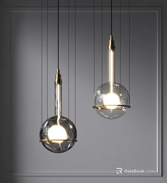 Elegant Spherical Glass Pendant Lights With Gold Base And Illuminated Design 3d model 