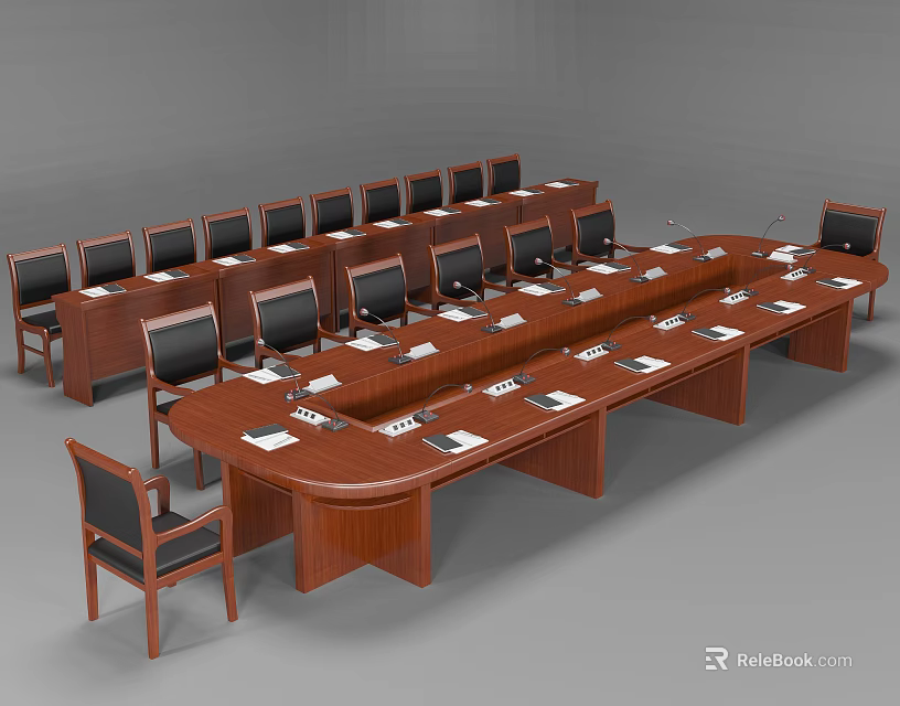 Wooden Conference Table With Black Chairs In Modern Meeting Room Setup 3d model 