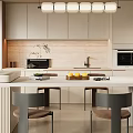 Modern Kitchen Interior Design With White Cabinets Island Counter Hanging Pendant Lights And Chairs
