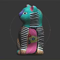 Vibrant Turquoise Cat Decorative Figurine With Floral Patterns Striped Details And Colorful Design