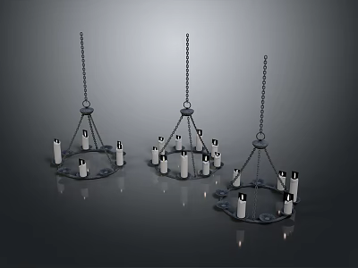 Three Vintage Chandeliers With Multiple White Candles Hanging On Chains 3d model