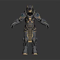 Futuristic Armored Warrior Character With Metallic Armor Gold Accents And Blue Luminous Details