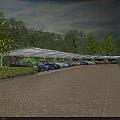Parking Lot With Canopy Shelters Neatly Arranged Cars Green Trees And Paved Surface