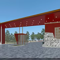 Entrance Gate Featuring Red Roof Golden Decorations Red Walls Columns Glass Door And Stone Steps