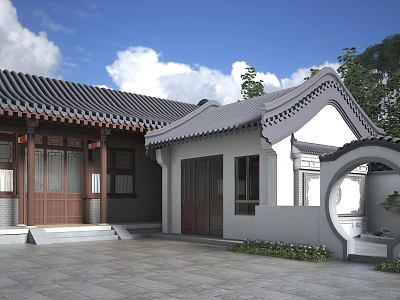Traditional Chinese Ancient Architecture Courtyard With Circular Archway Wooden Doors And Tiles Roof 3d model