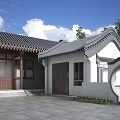 Traditional Chinese Ancient Architecture Courtyard With Circular Archway Wooden Doors And Tiles Roof