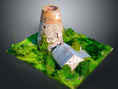 Ancient Stone Tower And Rustic Small House In Lush Green Grass Model Scene 3d model