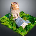 Ancient Stone Tower And Rustic Small House In Lush Green Grass Model Scene
