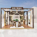 Chinese Style Exhibition Pavilion With Wooden Structure Glass Walls And Display Elements