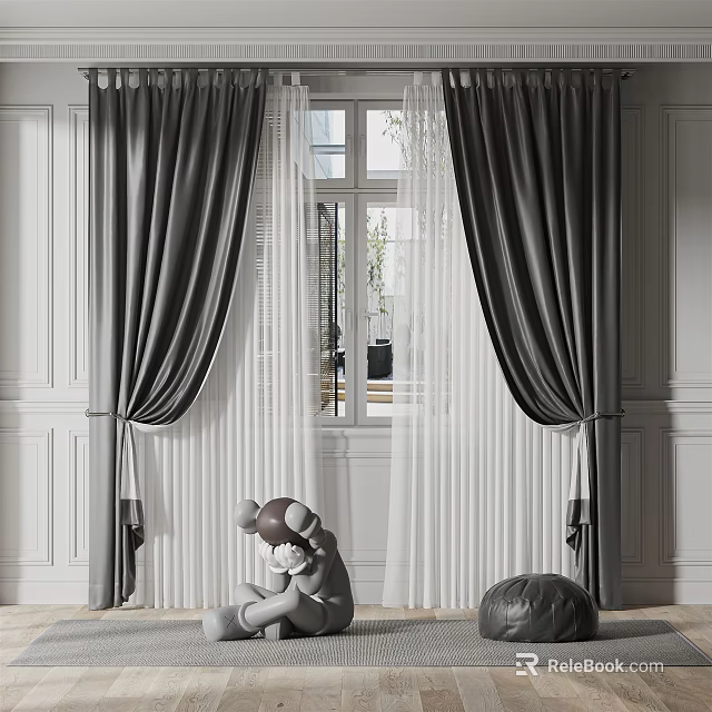 Gray Curtains With White Sheer Panels Hanging By Window On White Walls 3d model 