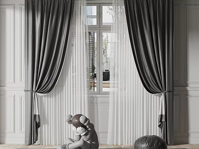 Gray Curtains With White Sheer Panels Hanging By Window On White Walls 3d model