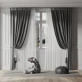 Gray Curtains With White Sheer Panels Hanging By Window On White Walls