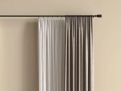 White And Gray Curtains With Lightweight And Velvet Fabric On Black Rod Against Beige Wall 3d model