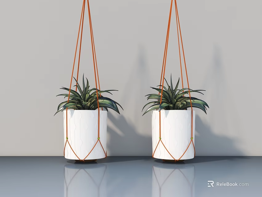 Two Hanging Basket Plants with White Pots and Orange Ropes on Gray Floor with Reflections 3d model 