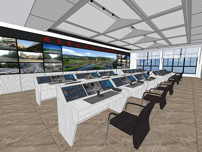 Monitoring Room Interior With Multiple Monitor Screens Control Consoles And Black Chairs 3d model