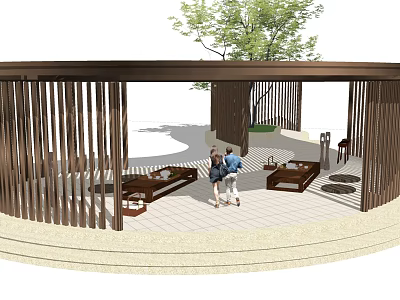 Circular Wooden Outdoor Pergola With Paved Floor Benches Tables And People 3d model