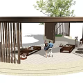 Circular Wooden Outdoor Pergola With Paved Floor Benches Tables And People
