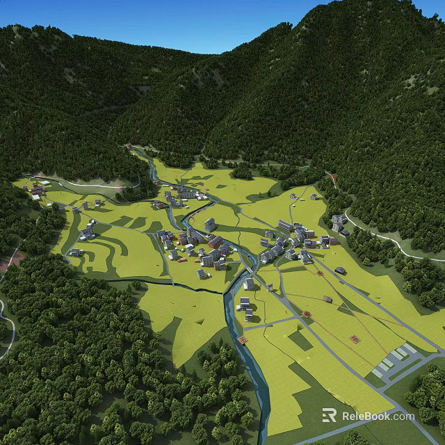 Rural Community Aerial Planning With Green Forests River Roads Houses And Green Spaces 3d model 