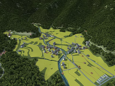 Rural Community Aerial Planning With Green Forests River Roads Houses And Green Spaces 3d model