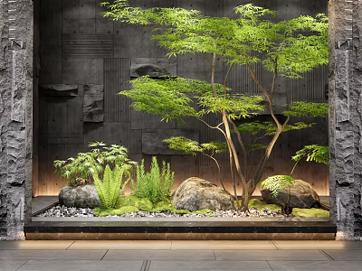 Indoor Landscape Design With Green Tree Ferns Rocks Stone Walls And Slate Floor 3d model