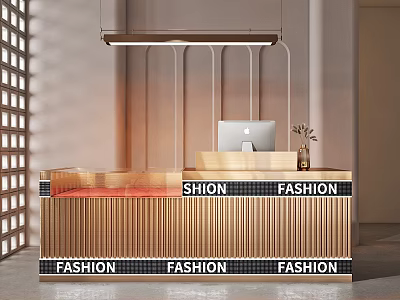 Modern Fashion Reception Desk With Wooden Slats Computer Small Plant And Hanging Lights 3d model