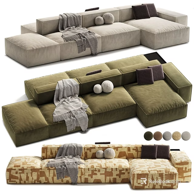 Modern Soft Modular Fabric Double Sofa With Decorative Pillows Blankets And Multiple Color Options 3d model 