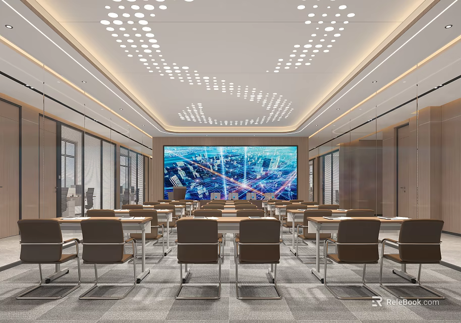 Modern Conference Room Featuring Large Screen Cityscape Display Arranged Tables Brown Chairs And Glass Walls 3d model 