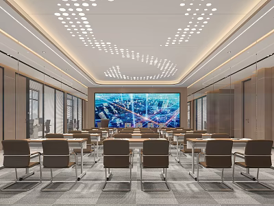 Modern Conference Room Featuring Large Screen Cityscape Display Arranged Tables Brown Chairs And Glass Walls 3d model