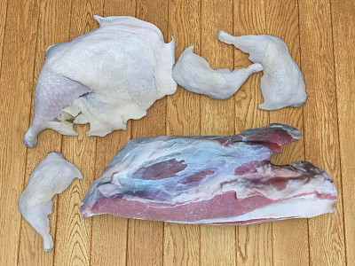 Fresh Raw Meat Cuts Including Chicken Legs Breasts And Pork Loin On Wooden Board 3d model