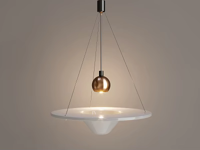Modern Pendant Light With White Circular Tray And Golden Globe Bulb Hanging Via Metallic Wires 3d model