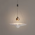 Modern Pendant Light With White Circular Tray And Golden Globe Bulb Hanging Via Metallic Wires