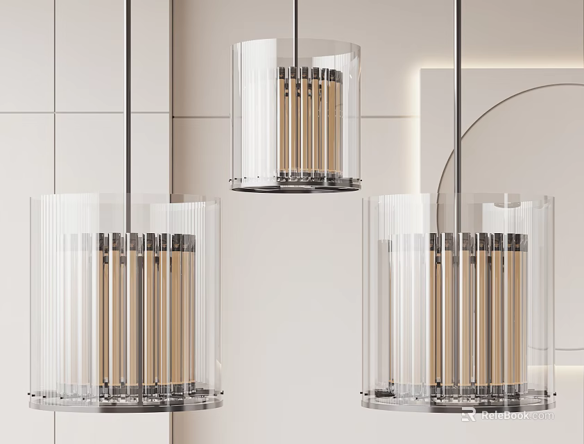 Modern Transparent Glass Pendant Lights With Wooden Vertical Strips For Interior Decor 3d model 