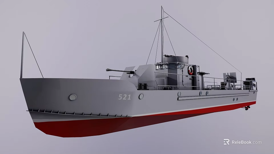 Military Warship With Gray Hull Red Bottom And Number 521 3d model 