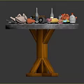 Round Wooden Leg Dining Table Set with Tabletop Dinnerware Tea Sets and Various Utensils 3d model