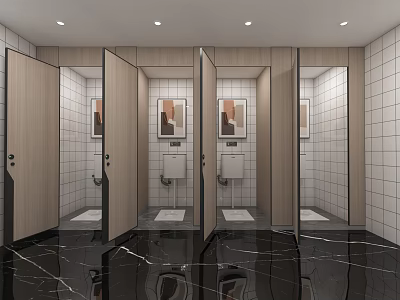Modern Public Restroom Interior With Wooden Stall Doors Tiled Walls Mirrors And Marble Flooring 3d model