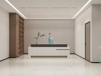 Modern Front Desk Reception Area with Receptionist Green Plant Wooden Shelves in Minimalist Design 3d model