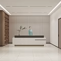 Modern Front Desk Reception Area with Receptionist Green Plant Wooden Shelves in Minimalist Design